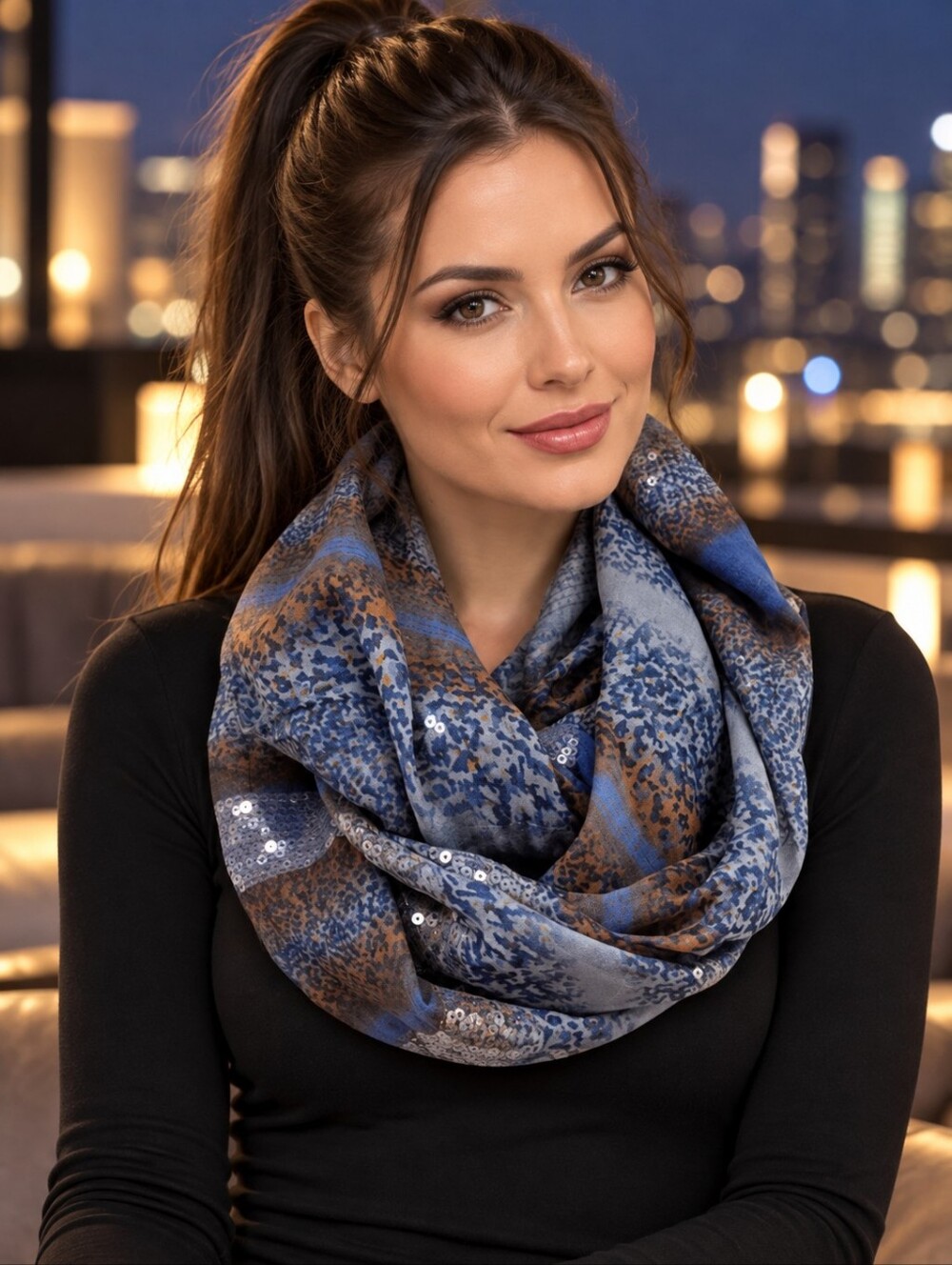 BCBGeneration  Blue and Brown Design Scarf with Sequins